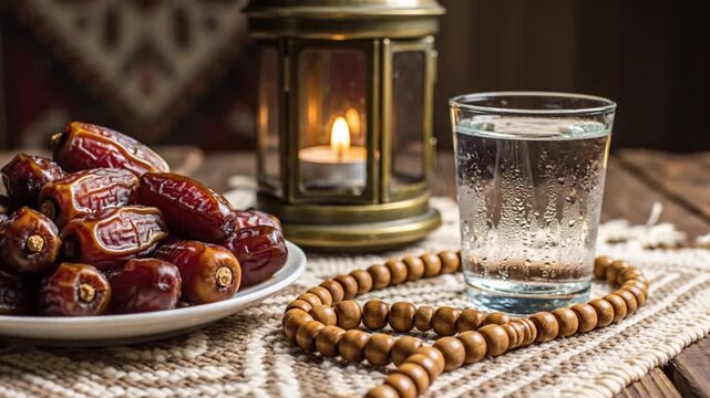A serene and thoughtful still life arrangement is captured, featuring traditional elements on a rustic wooden table with a woven mat. A white plate overflows with rich, succulent dried dates, perfectl