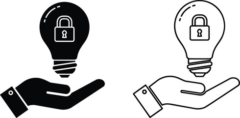 Fototapeta premium Black and White Icons of a Hand Holding a Lightbulb with a Padlock idea concept