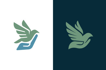 Obraz premium Bird Hand Logo Icon Design with Abstract Flying Dove Graphic Concept for Charity Foundation, Peace Organization, and Nature Care Identity