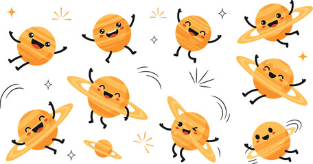 Set of cute Saturn planet characters, cartoon illustrations of happy smiling solar system planets with rings isolated on white background © Firoz