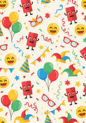 A vibrant seamless pattern featuring happy emojis balloons party hats and festive confetti items