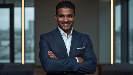 Fototapeta premium Standing man wearing navy jacket and white shirt in office, with pocket square LED strips windows