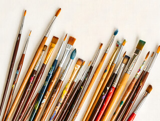 Obraz premium An assortment of diverse paintbrushes lying on a light beige surface