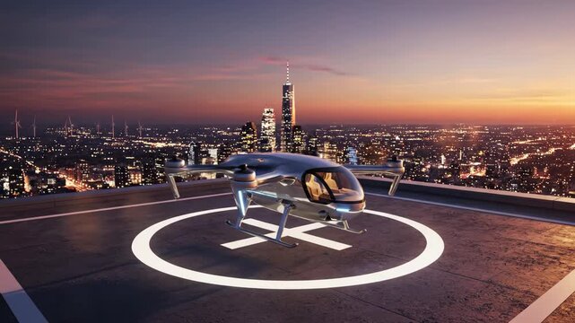 passenger drone hovering above rooftop helipad. modern skyline with illuminated skyscrapers at sunset. urban air mobility, smart city transportation, advanced aviation technology background.