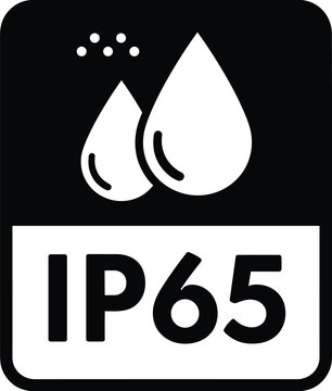 I P65 waterproof rating icon with two water drops and white text on black background ip65 water resistant