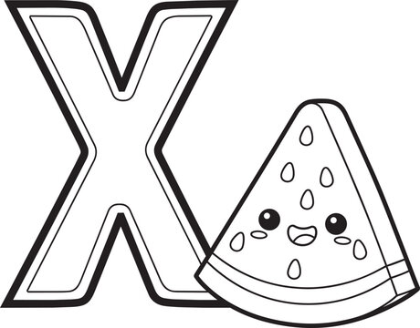 Illustration of the letter X next to a slice of watermelon with a smiling face, line art style