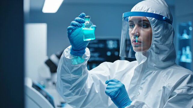 caucasian female scientist in protective suit and face shield examining glass vial with blue liquid in modern laboratory. medical research, vaccine development. healthcare presentation