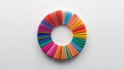 Obraz premium Displaying tightly packed rainbow ring forming donut on pale-gray surface, with colorful sticks