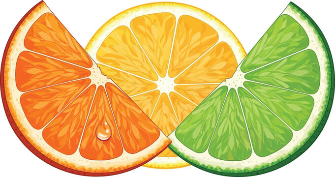 A vibrant digital illustration featuring slices of fresh orange, yellow lemon, and green lime fruit