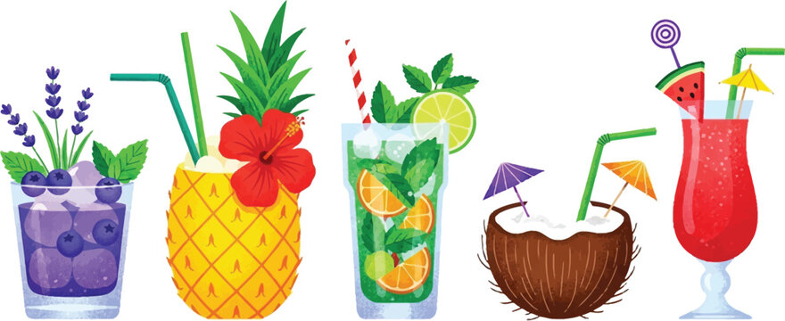 A collection of colorful tropical cocktails and refreshing summer beverages on a white background