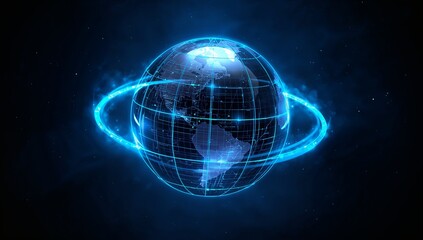 Obraz premium Floating hologram Earth showing luminous grid, glowing city nodes and neon ring in dark starfield