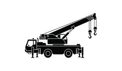A detailed black silhouette icon of a heavy duty mobile construction crane for industrial projects © lors of design