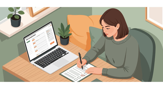 A focused young woman diligently completes an online form on her laptop while simultaneously filling out a physical document at her home office desk.