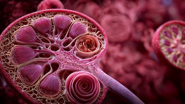Microscopic 3D visualization of nephron structure. 4K Video