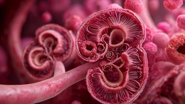 Kidney nephron structure in microscopic 3d view. 4K Video