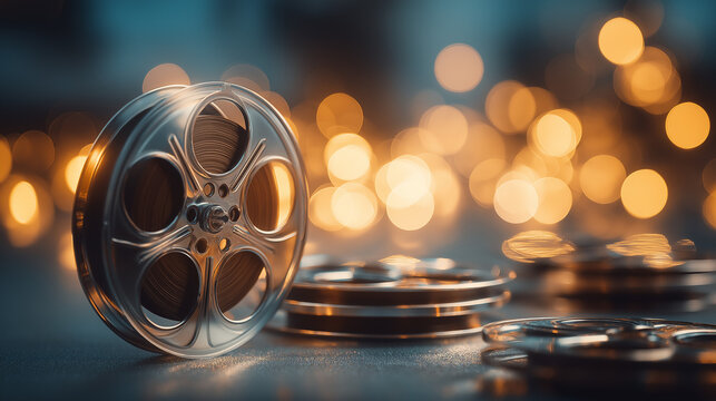 Metal film reel on table with golden bokeh background. Cinematic vintage film strip collection for movie industry. Retro media recording equipment for professional cinema production concept.