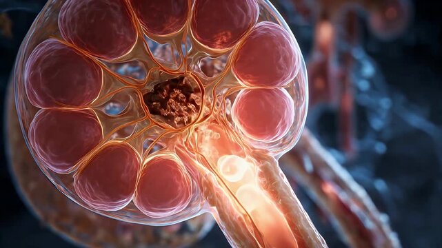 3D animation of human kidney nephron filtration process. 4K Video