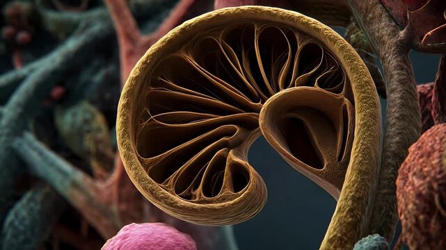 Detailed microscopic 3D animation of a kidney nephron. 4K Video