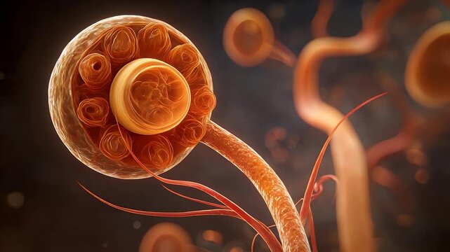 Microscopic 3D animation of a human kidney nephron. 4K Video