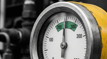 Close up of a pressure gauge on pest control spraying equipment. Indicates optimal operating pressure in a professional industrial setting. Ideal for pest management and maintenance services.