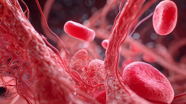 Red blood cells moving through nephron capillary network. 4K Video