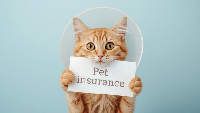 Cat holding sign for accident only pet insurance home setting cute animal photo light blue background