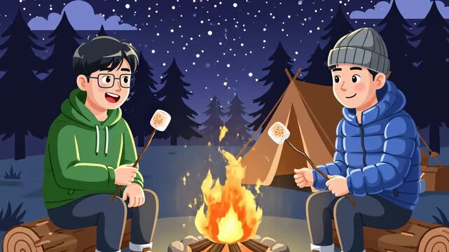 Cartoon boys toasting marshmallows at campfire under night sky with stars and tent animation