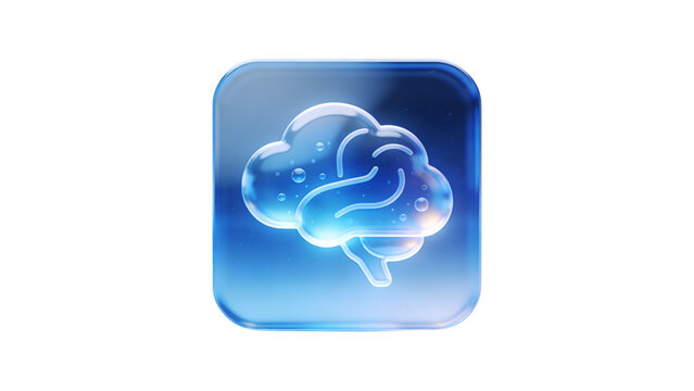 Blue glass icon of human brain, concept of cloud computing and artificial intelligence
