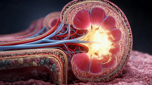 3D render of human kidney nephron and blood vessels. 4K Video