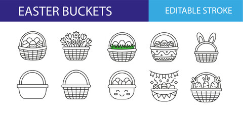  Easter Bucket Editable Stroke Icon Pack – Festive Spring Baskets with Eggs, Bunny Ears, Flowers and Holiday Celebration Line Icons Set © Sakeena