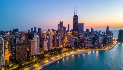 Fototapeta premium Aerial view of Chicago cityscape at dusk with lakefront, buildings, and vibrant skyline lights reflecting on water.