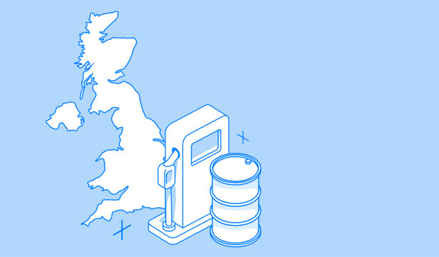 Uk fuel and oil price crisis with isometric map of United Kingdom petrol pump barrels and pound currency illustrating energy market pressure