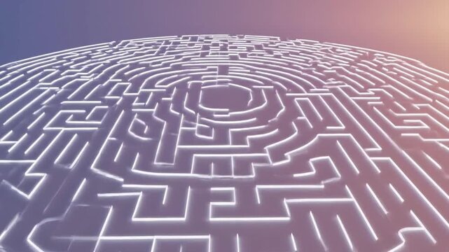 Abstract Digital Maze - Glowing Neon Labyrinth, Complex Challenge, Strategy Solution Find