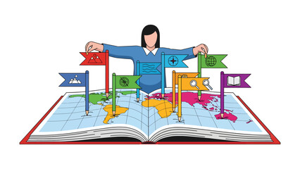 World of Discovery: A woman stands atop an open book, symbolizing a journey through knowledge, with vibrant flags representing different destinations on a detailed map. © Atiya