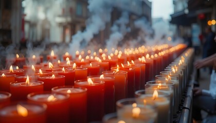 Obraz premium Rows of Burning Religious Candles, Spiritual Worship, Prayer and Meditation Atmosphere, Devotion and Faith Concept, Sacred Lighting