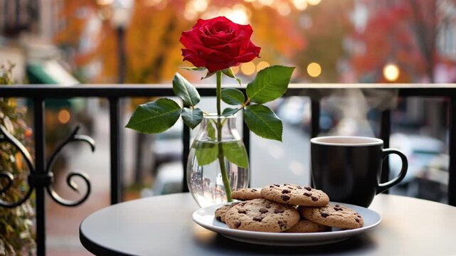 A vibrant red rose in a clear glass vase stands elegantly on a round outdoor table, accompanied by a delectable stack of chocolate chip cookies on a white plate and a steaming black mug, suggesting a 