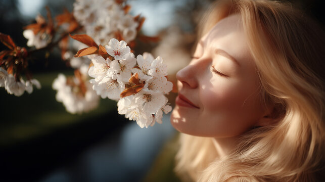 Blonde woman eyes closed smelling cherry blossoms spring sunlight, serene peaceful portrait white flowers golden light, nature wellness beauty outdoor bokeh.