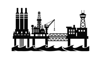Fototapeta premium Black silhouette illustration of an offshore oil rig platform situated on the turbulent ocean waves