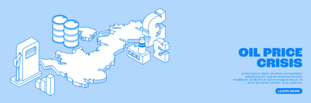 Uk fuel and oil price crisis with isometric map of United Kingdom petrol pump barrels and pound currency illustrating energy market pressure