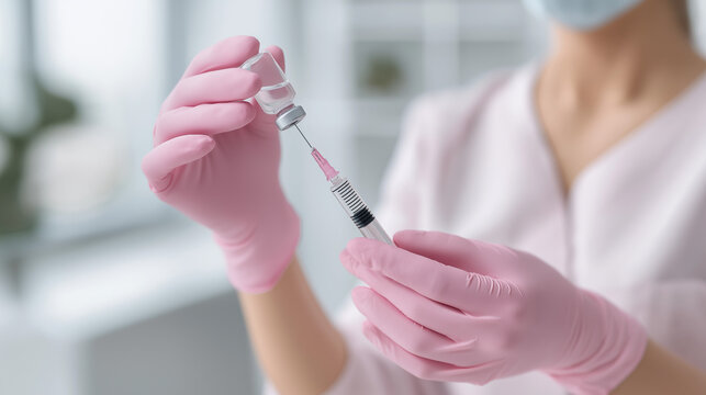 Woman doctor filling syringe with vitamin serum from vial. Medical professional preparing injection for patient treatment. Healthcare clinical procedure, immunization and wellness therapy concept.