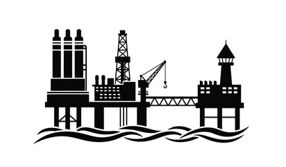 Obraz premium Black silhouette of an offshore oil rig platform located in the middle of a choppy ocean surface