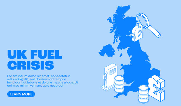 Uk fuel and oil price crisis with isometric map of United Kingdom petrol pump barrels and pound currency illustrating energy market pressure