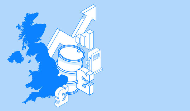 Uk fuel and oil price crisis with isometric map of United Kingdom petrol pump barrels and pound currency illustrating energy market pressure