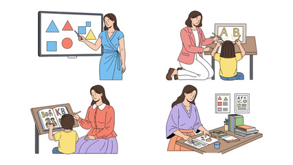Education in Focus: A series of illustrations capturing moments of learning and guidance, from teaching shapes and letters to creative activities and studying.