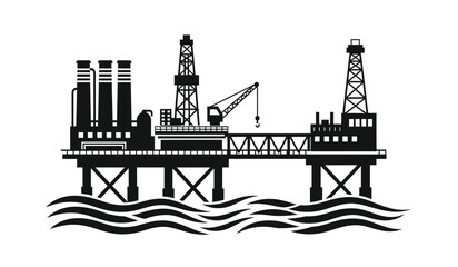 Obraz premium Black silhouette illustration of an offshore oil rig platform with derrick towers and chimneys