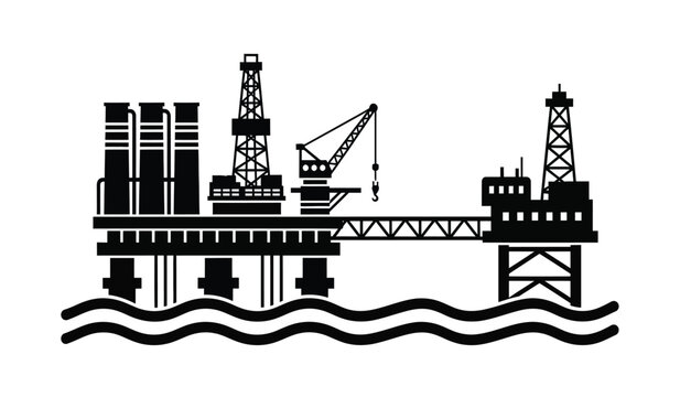 Black silhouette icon of an offshore oil drilling rig platform situated on top of ocean waves
