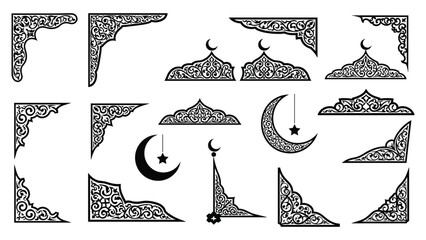 Islamic ornamental corner and crescent moon star motif decorative set © RAKIB