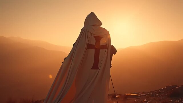 Knights templar stand on the glowing sunset hills in full battle gear overlooking a dramatic medieval landscape