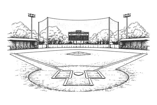 Perspective View of a Baseball Field Diamond with Scoreboard and Floodlights in Detailed Hand Drawn Vector Line Art Illustration Style.