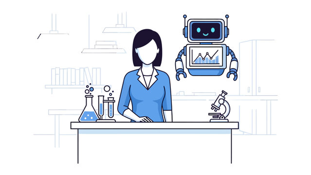 The Visionary Laboratory: A female scientist in a lab coat, surrounded by scientific instruments and an advanced, intelligent robot, signifies innovation and progress in the field of science. 